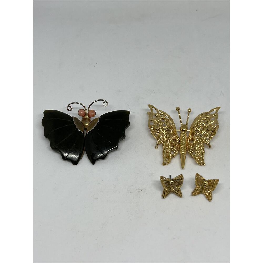 VTG Nephrite Jade/Coral Butterfly‎ Brooch Pin & Gold Color Monet + Earrings Set